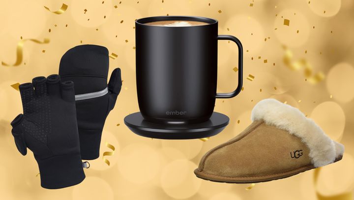 A pair of convertible mittens, an Ember smart mug and a pair of Ugg slippers.