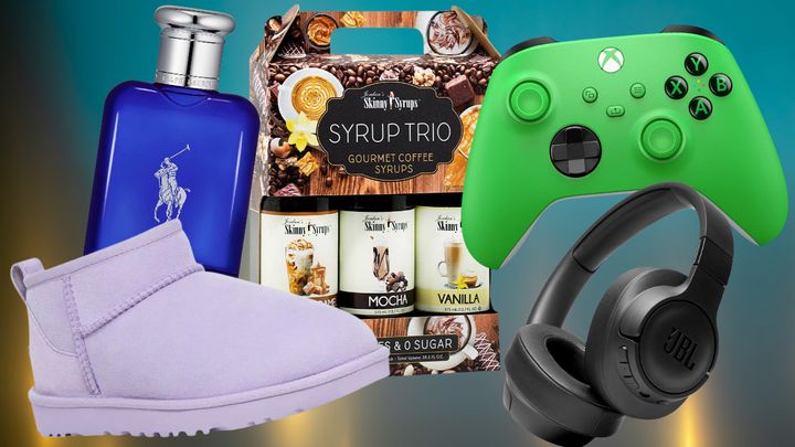 A pair of mini Uggs, Polo cologne, a set of coffee syrups, an Xbox controller and JBL headphones.