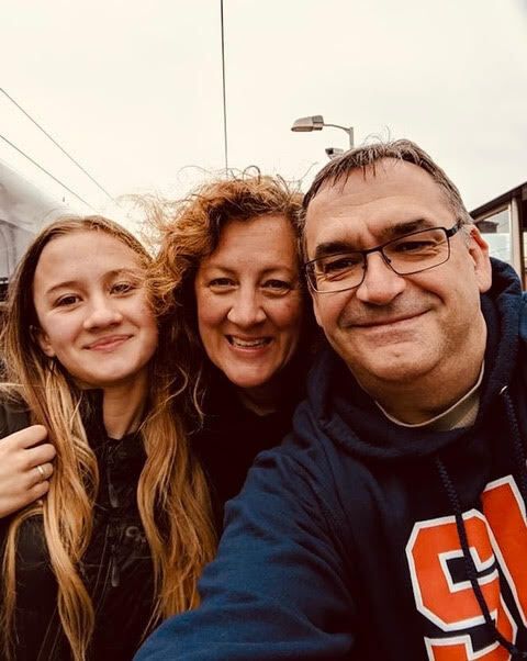 The author (center), daughter Maddie (left) and Colin Dorrance say goodbye at Lockerbie's train station (April 2019).