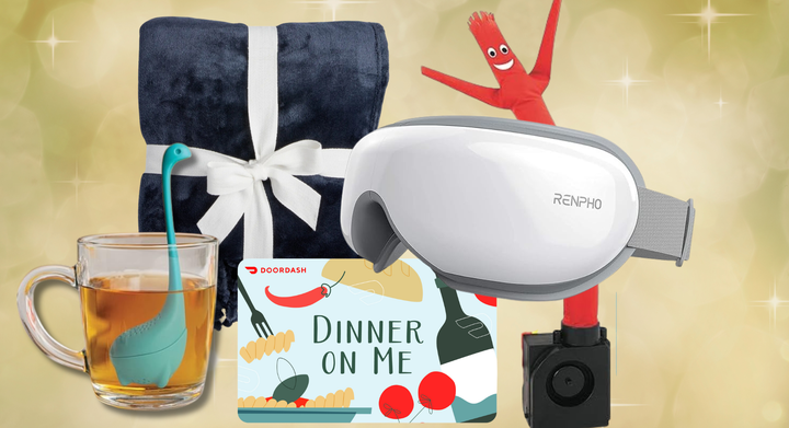 The Baby Nessie loose tea infuser, Barefoot Dreams microfiber blanket, DoorDash gift card, Renpho heated eye mask and massager and a mini waving inflatable tube guy.