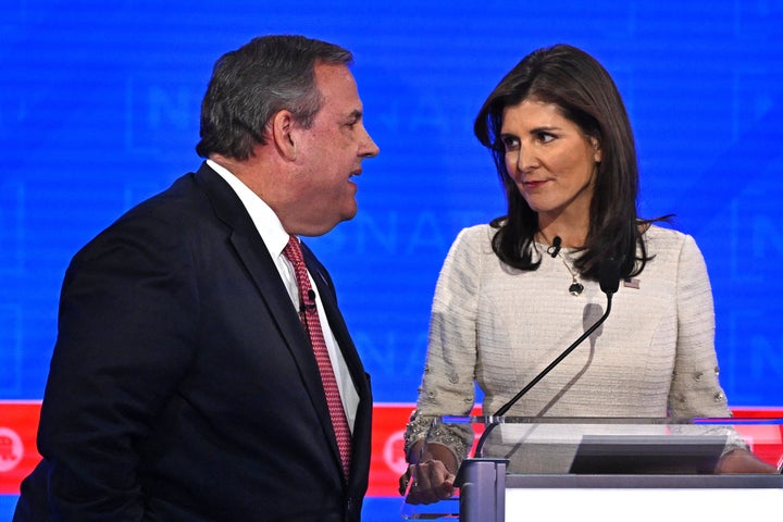 Christie (left) stood up for former United Nations Ambassador Nikki Haley during the debate. Haley's rise in the polls made her the target of attacks from two other rivals.