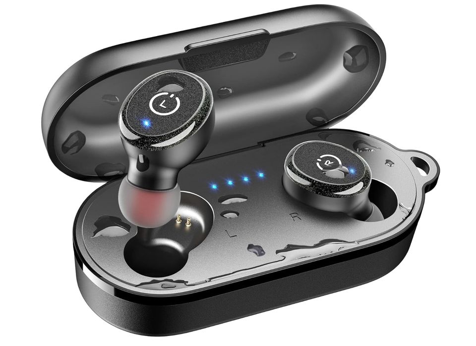 A pair of Tozo T10 Bluetooth 5.3 wireless earbuds with charging chase