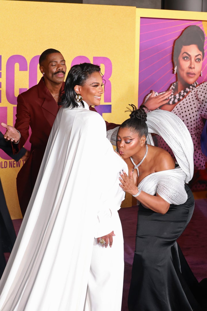 Taraji P. Henson was photographed kissing Ciara's baby bump at the world premiere of "The Color Purple" on Dec. 6, 2023, in Los Angeles, California.