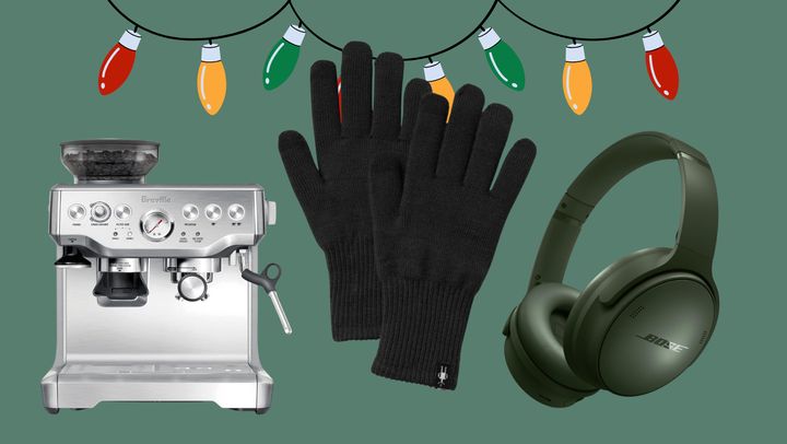 A Breville Barista Express espresso machine, pair of merino wool gloves and Bose QuietComfort wireless noise-canceling headphones.