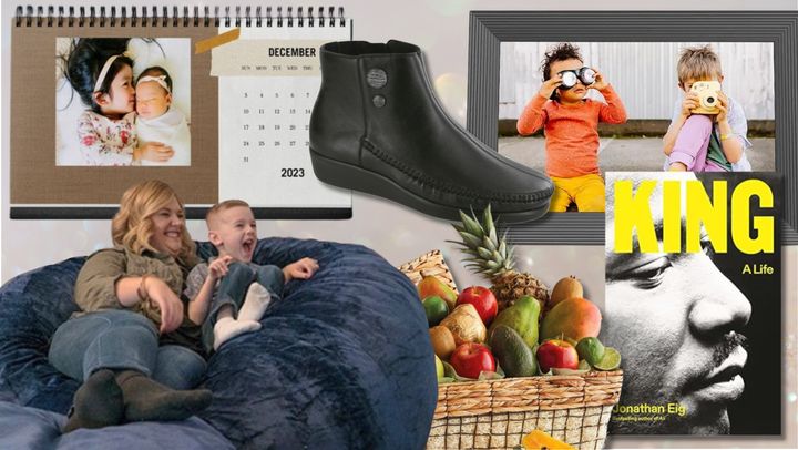 A custom Shutterfly calendar, Ultimate Sack bean bag, pair of SasNola heeled boots, fresh fruit basket from Harry & David, Aura Carver digital picture frame and the book "King: A Life."