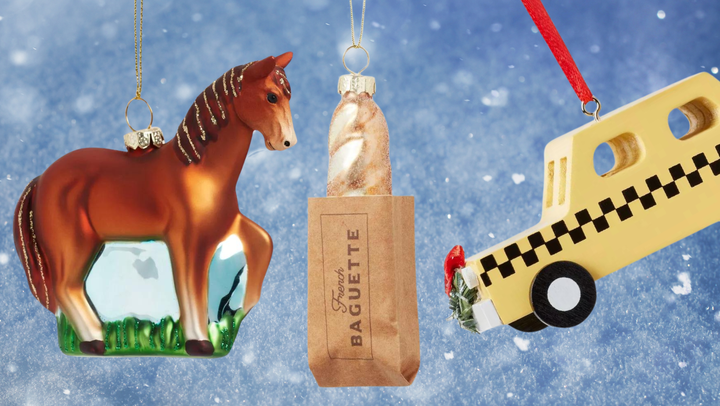 Ornaments in the shape of a <a href="https://goto.target.com/c/2706071/81938/2092?subId1=6572424ae4b05e622ea33cc8&u=https%3A%2F%2Fwww.target.com%2Fp%2Fglass-horse-christmas-tree-ornament-dark-brown-wondershop-8482%2F-%2FA-87818911" target="_blank" role="link" rel="sponsored" class=" js-entry-link cet-external-link" data-vars-item-name="horse" data-vars-item-type="text" data-vars-unit-name="6572424ae4b05e622ea33cc8" data-vars-unit-type="buzz_body" data-vars-target-content-id="https://goto.target.com/c/2706071/81938/2092?subId1=6572424ae4b05e622ea33cc8&u=https%3A%2F%2Fwww.target.com%2Fp%2Fglass-horse-christmas-tree-ornament-dark-brown-wondershop-8482%2F-%2FA-87818911" data-vars-target-content-type="url" data-vars-type="web_external_link" data-vars-subunit-name="article_body" data-vars-subunit-type="component" data-vars-position-in-subunit="0">horse</a>, a <a href="https://goto.target.com/c/2706071/81938/2092?subId1=6572424ae4b05e622ea33cc8&u=https%3A%2F%2Fwww.target.com%2Fp%2Fglass-french-baguette-christmas-tree-ornament-wondershop-8482%2F-%2FA-82212815" target="_blank" role="link" rel="sponsored" class=" js-entry-link cet-external-link" data-vars-item-name="baguette" data-vars-item-type="text" data-vars-unit-name="6572424ae4b05e622ea33cc8" data-vars-unit-type="buzz_body" data-vars-target-content-id="https://goto.target.com/c/2706071/81938/2092?subId1=6572424ae4b05e622ea33cc8&u=https%3A%2F%2Fwww.target.com%2Fp%2Fglass-french-baguette-christmas-tree-ornament-wondershop-8482%2F-%2FA-82212815" data-vars-target-content-type="url" data-vars-type="web_external_link" data-vars-subunit-name="article_body" data-vars-subunit-type="component" data-vars-position-in-subunit="1">baguette</a> and a yellow <a href="https://goto.target.com/c/2706071/81938/2092?subId1=6572424ae4b05e622ea33cc8&u=ornamentshttps%3A%2F%2Fwww.target.com%2Fp%2Fwood-taxi-with-wreath-christmas-tree-ornament-yellow-wondershop-8482%2F-%2FA-87818466%2520in%2520the%2520shape%2520of%2520a%2520horse%2C%2520a%2520baguette%2520and%2520a%2520yellow%2520cab" target="_blank" role="link" rel="sponsored" class=" js-entry-link cet-external-link" data-vars-item-name="cab" data-vars-item-type="text" data-vars-unit-name="6572424ae4b05e622ea33cc8" data-vars-unit-type="buzz_body" data-vars-target-content-id="https://goto.target.com/c/2706071/81938/2092?subId1=6572424ae4b05e622ea33cc8&u=ornamentshttps%3A%2F%2Fwww.target.com%2Fp%2Fwood-taxi-with-wreath-christmas-tree-ornament-yellow-wondershop-8482%2F-%2FA-87818466%2520in%2520the%2520shape%2520of%2520a%2520horse%2C%2520a%2520baguette%2520and%2520a%2520yellow%2520cab" data-vars-target-content-type="url" data-vars-type="web_external_link" data-vars-subunit-name="article_body" data-vars-subunit-type="component" data-vars-position-in-subunit="2">cab</a>