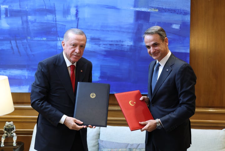 ATHENS, GREECE - DECEMBER 07: Turkish President Recep Tayyip Erdogan (L) meets with Greek Prime Minister Kyriakos Mitsotakis in Athens, Greece on December 07, 2023. (Photo by Mustafa Kamaci/Anadolu via Getty Images)