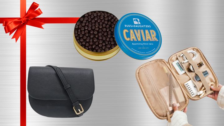 A Quince vegan leather saddle bag, Russ & Daughters chocolate caviar tin and a Calpak tech organizer.