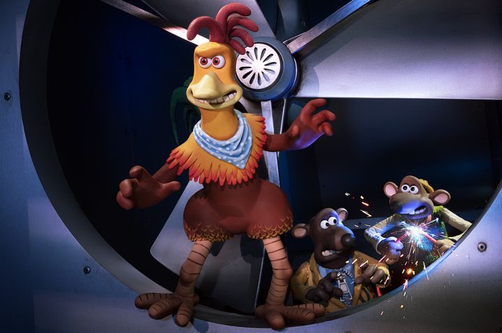 (L to R) Rocky (Zachary Levi), Nick (Romesh Ranganathan) and Fetcher (Daniel Mays) in Chicken Run: Dawn of the Nugget