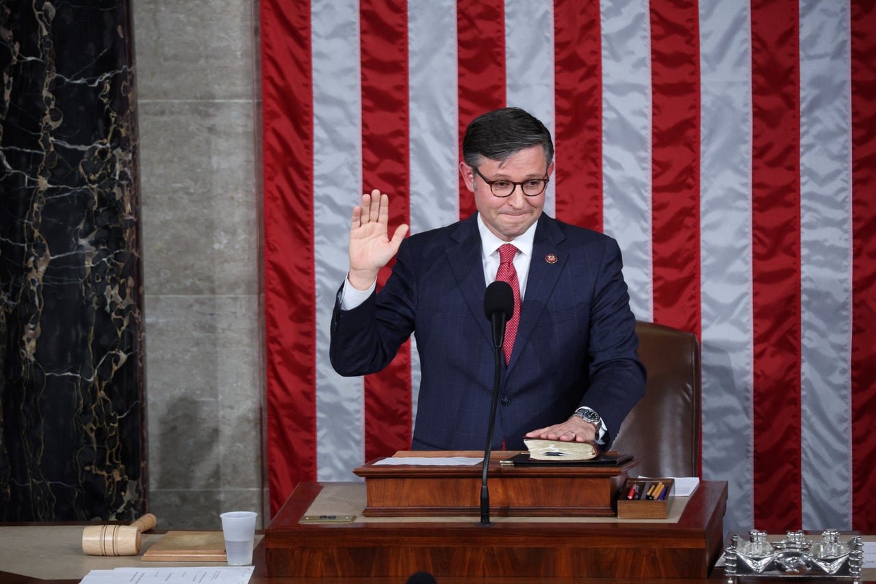 Rep. Mike Johnson is sworn in as House speaker at the Capitol in Washington on Oct. 25.