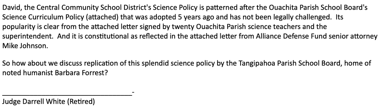 Retired Judge Darrell White provides constitutional guidance written by Mike Johnson as he pushes Louisiana school boards to teach creationism.