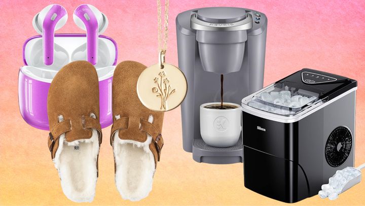 A pair of shearling Birkenstock clogs, wireless earbuds, a wildflower necklace from Etsy, a Keurig single-serve coffee maker and an ice machine.
