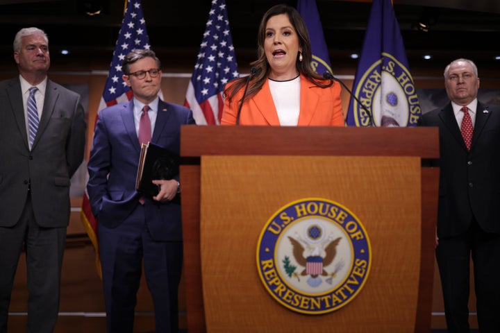 Republican New York Rep. Elise Stefanik (third from left) speaks at the U.S. Capitol on Nov. 2.