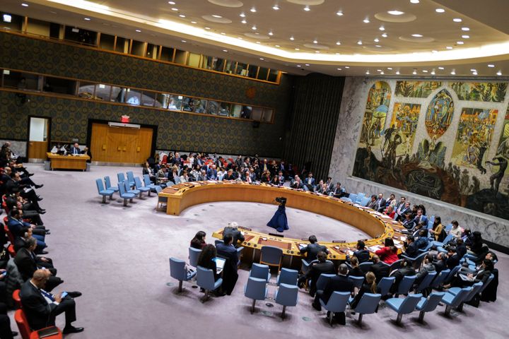 A general view shows the United Nations Security Council after the vote about a ceasefire in Gaza at UN headquarters in New York on December 8, 2023. The United States vetoed a UN Security Council resolution that would have called for an immediate ceasefire in the intense fighting between Israel and Hamas in Gaza. The United States' deputy representative at the UN, Robert Wood, said the resolution was "divorced from reality" and "would have not moved the needle forward on the ground." (Photo by Charly TRIBALLEAU / AFP) (Photo by CHARLY TRIBALLEAU/AFP via Getty Images)