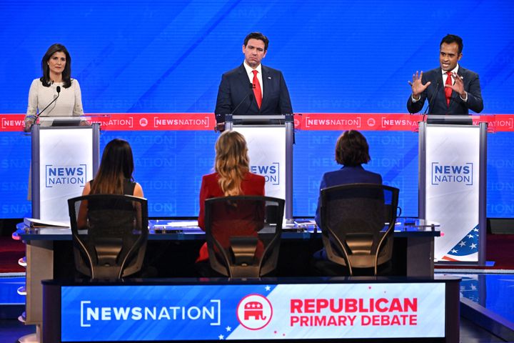 Former Governor from South Carolina and UN ambassador Nikki Haley, Florida Governor Ron DeSantis and entrepreneur Vivek Ramaswamy participate in the fourth Republican presidential primary debate at the University of Alabama in Tuscaloosa, Alabama, on December 6, 2023. (Photo by JIM WATSON/AFP via Getty Images)