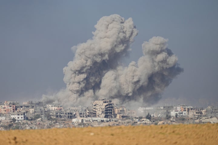 Smoke rises following an Israeli bombardment in the Gaza Strip, as seen from southern Israel on Monday.