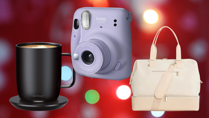 An Ember smart mug, Fujifilm Instax Mini instant camera and Béis weekender bag. 