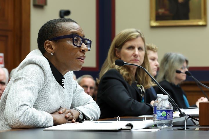 (Left to right) Dr. Claudine Gay, president of Harvard University, Liz Magill, president of the University of Pennsylvania, Dr. Pamela Nadell, professor of history and Jewish studies at American University, and Dr. Sally Kornbluth, president of Massachusetts Institute of Technology, testify before the House on Dec. 5.