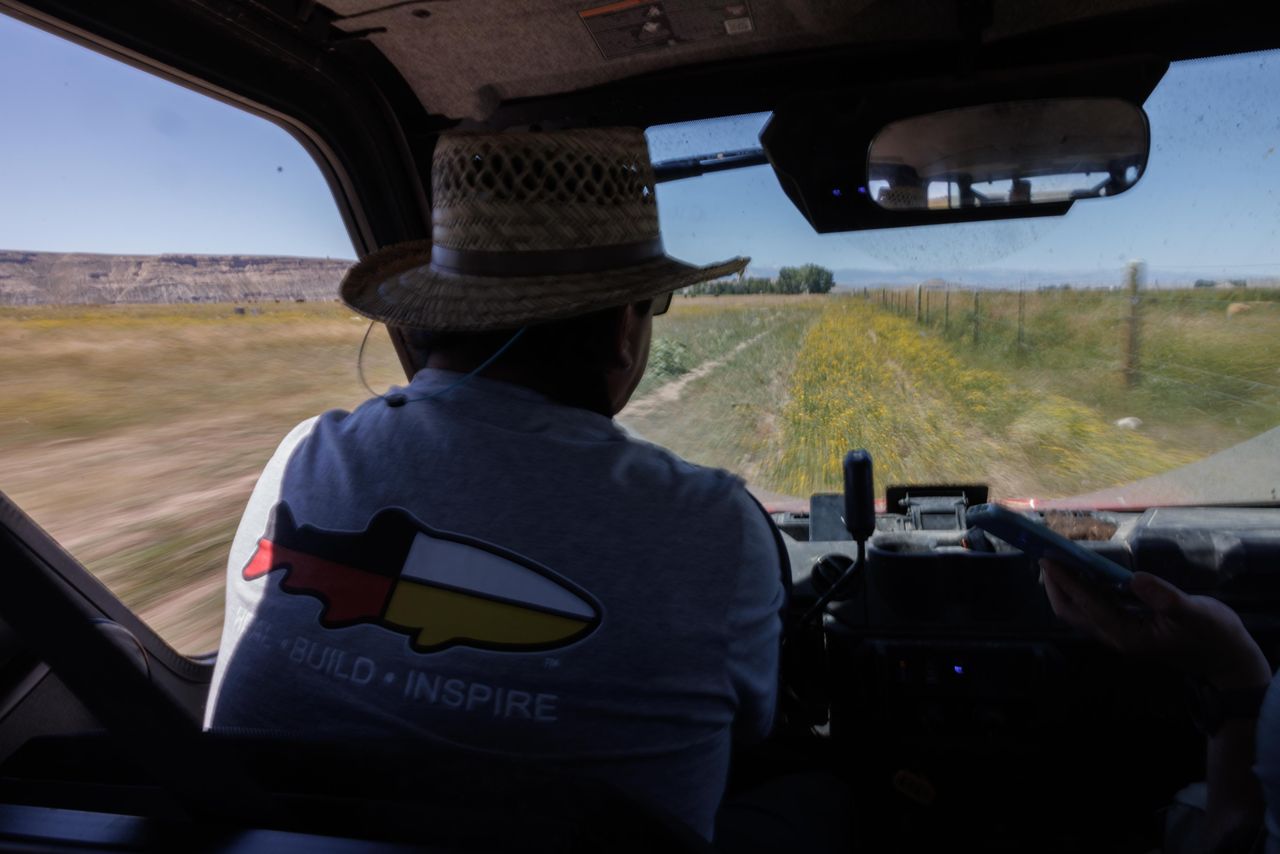 Eastern Shoshone Tribe Buffalo Manager Jason Baldes drives to check on the buffalo at the Wind River Tribal Buffalo Initiative on Aug. 15, 2023. 