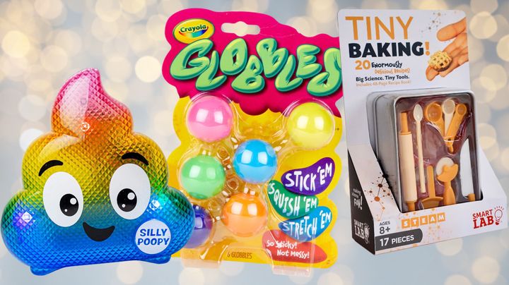 Silly Poopy's Hide & Seek, a Crayola Globbles fidget toy and SmartLab Toys Tiny Baking.