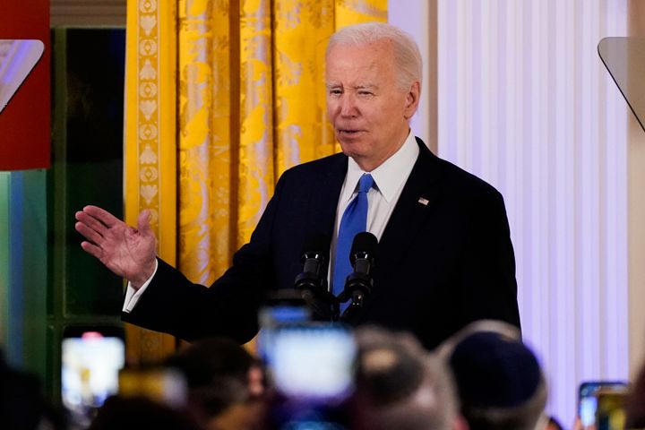President Joe Biden speaks during a Hanukkah reception in the East Room of the White House in Washington on Monday.