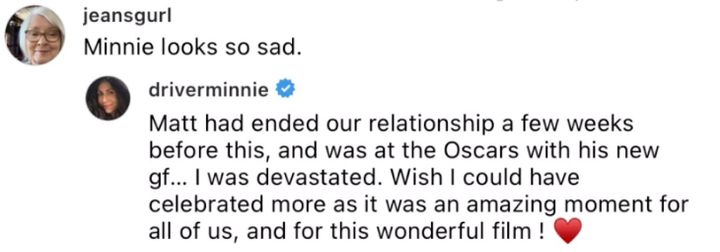 Minnie Driver shared the backstory about her sullen look at the 1998 Oscars in an Instagram comment.