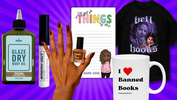 A dry body oil from Haus Urban, the Break-Out spot treatment by Rosen at Ulta, People Of Color Beauty nail polish, an Oh So Paper personalizable stationery pad, an I Love Banned Books mug from Comma Bookstore and a bell hooks vintage-style tee from The Black School.