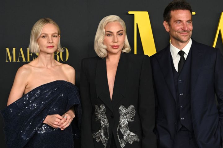 (L-R) Carey Mulligan, Bradley Cooper and Lady Gaga attend Netflix's "Maestro" Los Angeles photo call