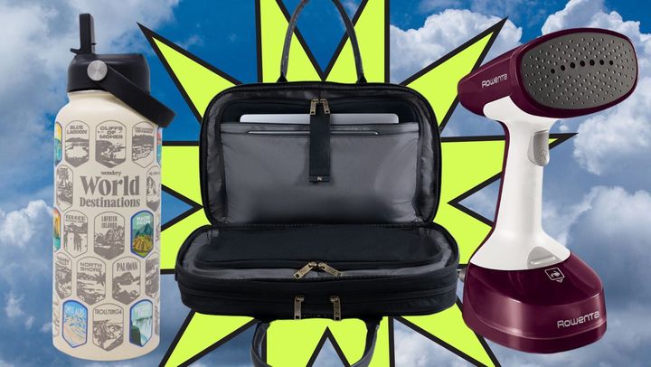 An interactive world destinations water bottle, a Nomad Lane carry-on and a handheld travel steamer.