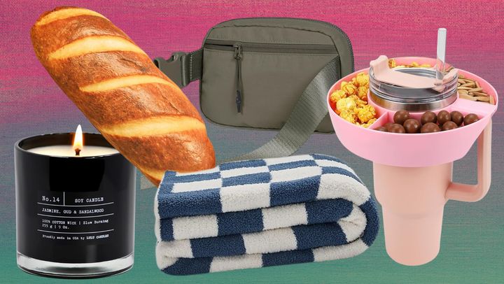 A luxury-scented candle, baguette-shaped pillow, adjustable mini belted fanny pack, plush soft blanket and attachable Stanley cup snack bowl.