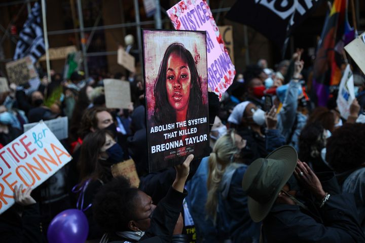 Hundreds of Black Lives Matter protesters gathered at Times Square and marched on the streets for Breonna Taylor in New York City on March 13, 2021.