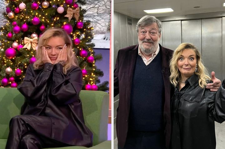 Sheridan Smith on The One Show (left) and stuck in a lift with Stephen Fry (right)