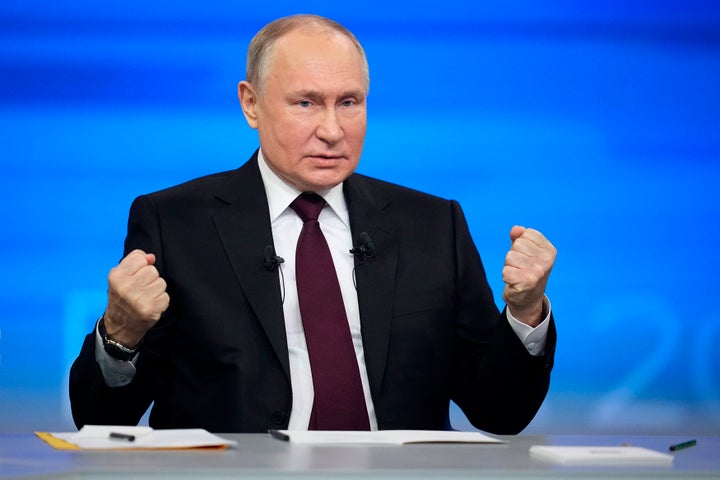 Russian President Vladimir Putin speaks during his annual news conference in Moscow, Russia, on Dec. 14, 2023.