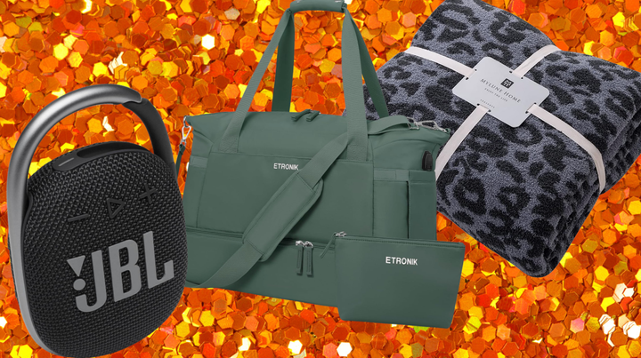A JBL speaker,weekender bag and plush blanket.
