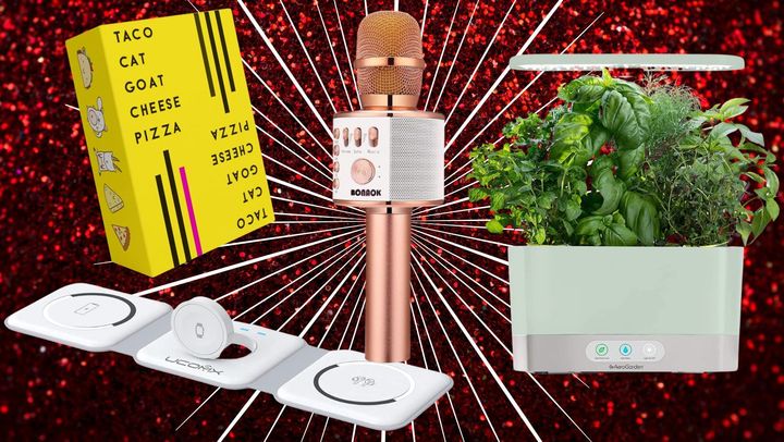 A foldable and wireless charging pad, the Taco Cat Goat Cheese Pizza card game, a karaoke microphone and an indoor herb garden.