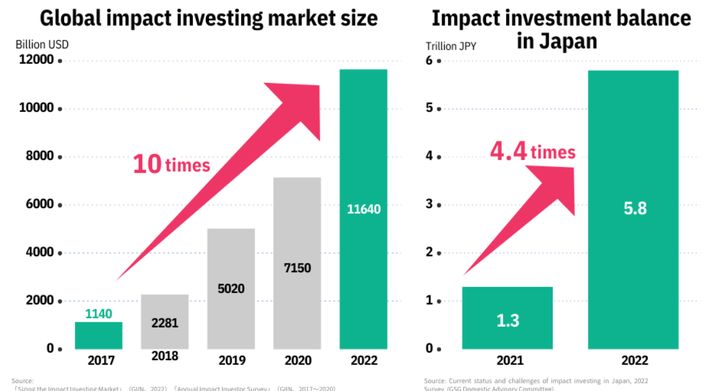 O tamanho do mercado global de investimento de impacto foi de quase US$ 1,2 trilhão em 2022, de acordo com um relatório da Global Impact Investing Network (GIIN).  Isso representa um aumento de dez vezes em relação a 2017.