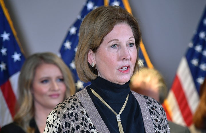 A November 19, 2020 photo shows Sidney Powell speaking during a press conference at the Republican National Committee headquarters in Washington, DC. (Photo by MANDEL NGAN/AFP via Getty Images)