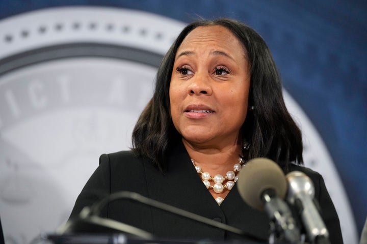 FILE - Fulton County District Attorney Fani Willis speaks in the Fulton County Government Center during a news conference, Aug. 14, 2023, in Atlanta. (AP Photo/John Bazemore, File)