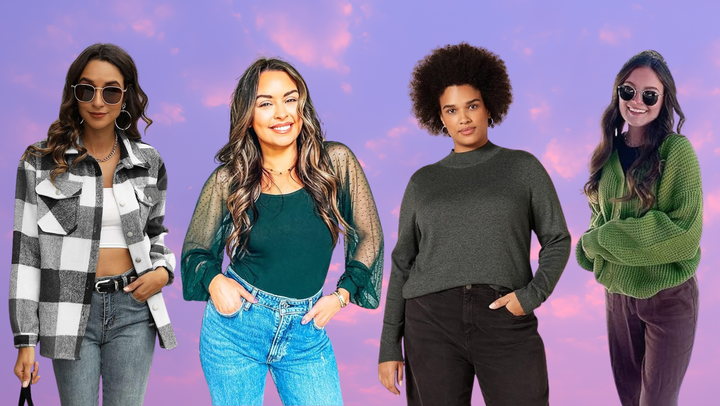 Models wearing a plaid shirt jacket "shacket," a mesh-sleeve blouse, a mock-neck sweater and a chunky knit cardigan.
