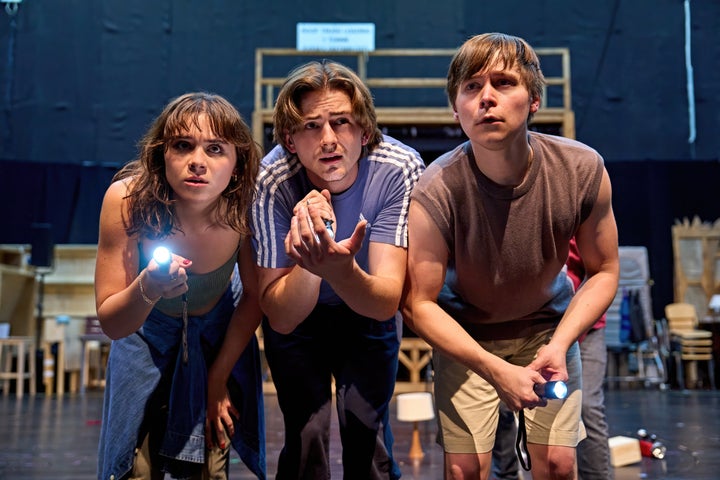 Isabella Pappas as Joyce Maldonado, Oscar Lloyd as James Hopper, Jr. and Christopher Buckley as Bob Newby pictured during rehearsals