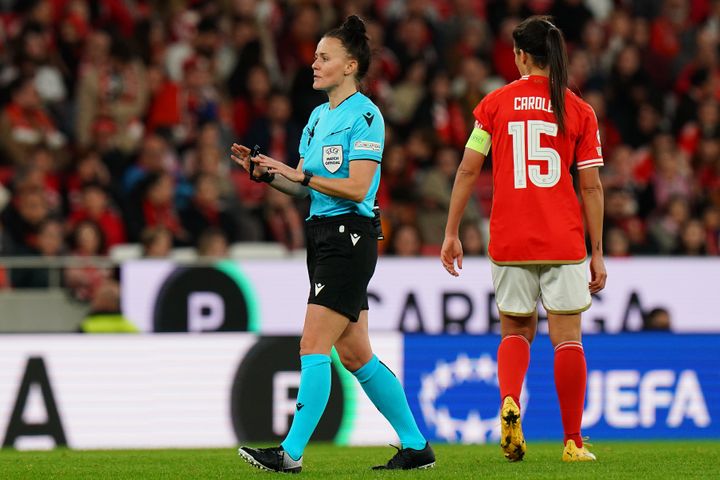 Referee Rebecca Welch is seen during a match between Benfica and Eintracht Frankfurt on Dec. 13, 2023, in Lisbon, Portugal.