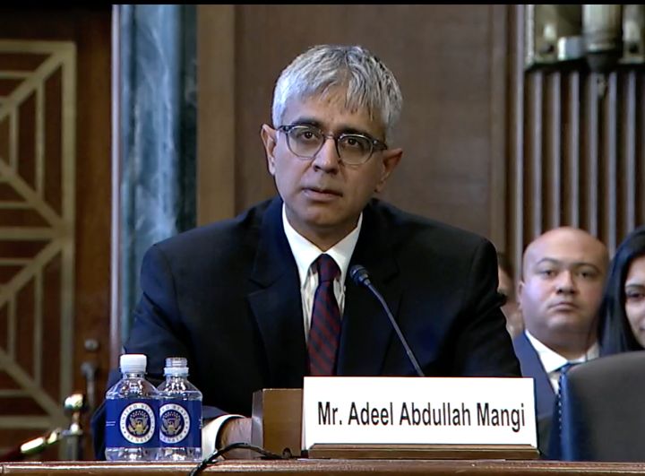 Adeel Mangi testifies during his Senate confirmation hearing on Dec. 13, 2023.