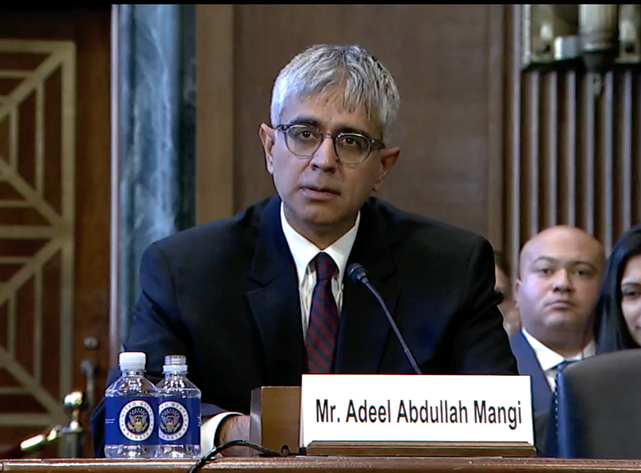 President Joe Biden’s judicial nominee Adeel Mangi testifies during his Senate confirmation hearing on Dec. 13.