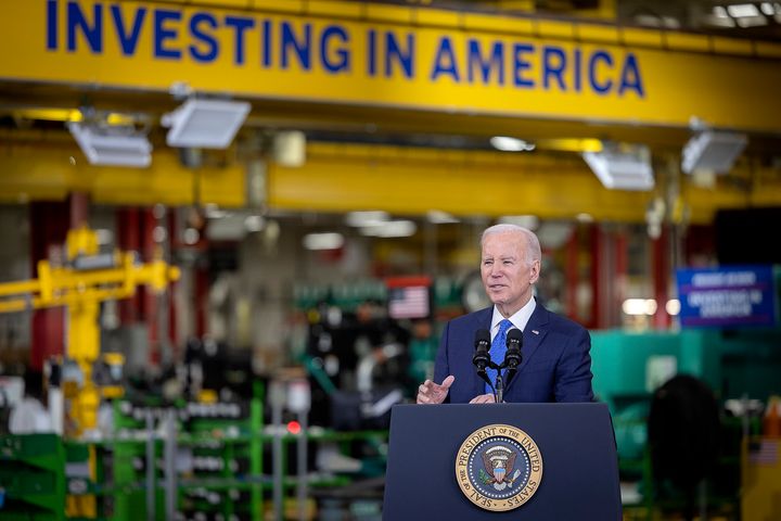 President Joe Biden visits the Cummins Power Generation Facility, which is spending $10 million on electrolyzers, as part of his administration's Investing in America tour, in Fridley, Minnesota, on April 3, 2023.
