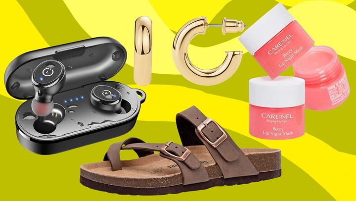 A pair of cork bed sandals, Tozo wireless earbuds, a pair of chunky hoop earrings and an overnight lip mask. 