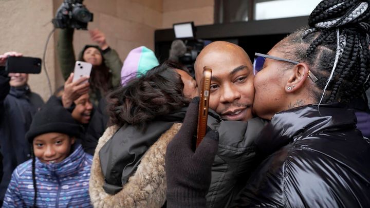 Marvin Haynes, 35, is hugged by supporters as he walks out of the Minnesota Correctional Facility at Stillwater on Monday, Dec. 11. 