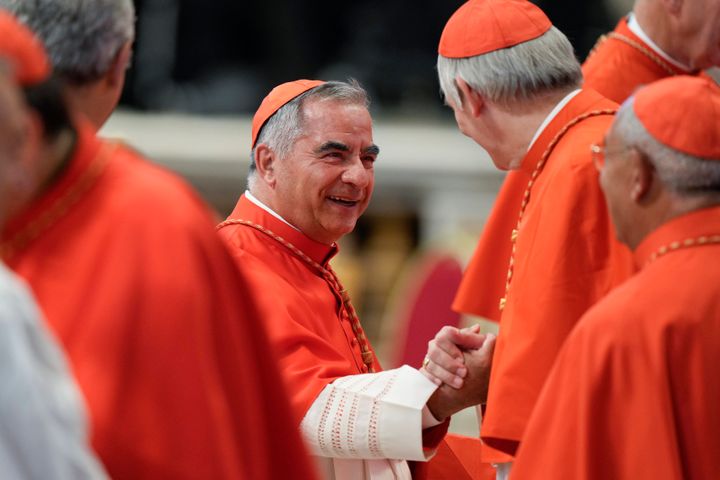 Cardinal Angelo Becciu attends a consistory inside St. Peter's Basilica on Aug. 27, 2022. Lawyers for the once-powerful cardinal have accused Vatican prosecutors of being "prisoners to their completely shattered theory" in closing arguments of a two-year trial.