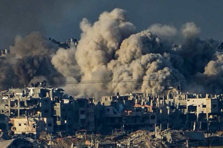 Smoke rises following an Israeli bombardment in the Gaza Strip, as seen from southern Israel, Saturday, Dec. 16, 2023. (AP Photo/Ariel Schalit)