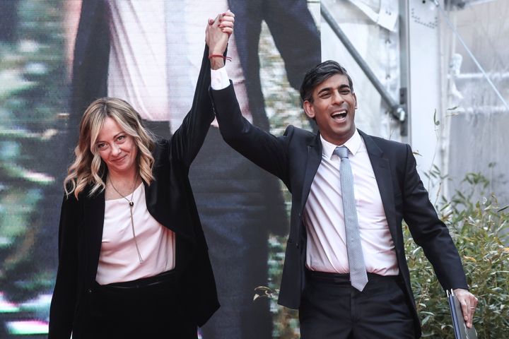 Rishi Sunak with right-wing Italian prime minister Georgia Miloni at a conservative politcal festival in Rome yesterday.