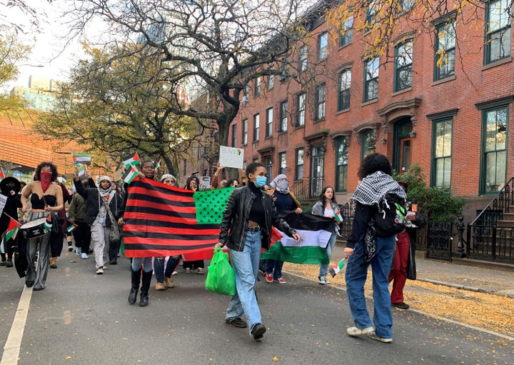 Demonstrators march during the "Palestine to Africa- Palestinian Liberation is Black Liberation" protest in New York on November 5, 2023. Thousands of demonstrators across the US have turned out for protests with calls for a ceasefire in the deadly violence in Gaza and an end to US funding of the Israeli military. And increasingly demonstrators stateside are drawing clear connections between Palestinian and Black liberation moments. (Photo by Maggy Donaldson / AFP) (Photo by MAGGY DONALDSON/AFP via Getty Images)